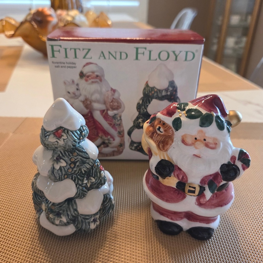 Fitz & Floyd Vintage Florentine Santa Claus Christmas Tree Salt and Pepper Set